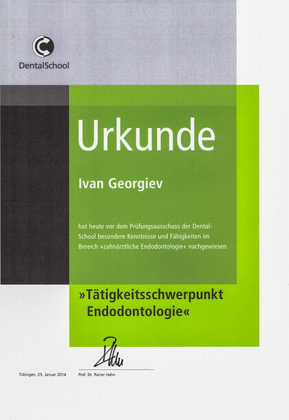 Urkunde - DentalSchool - Tätigkeitsschwerpunkt Endodontologie - Ivan Georgiev 2014